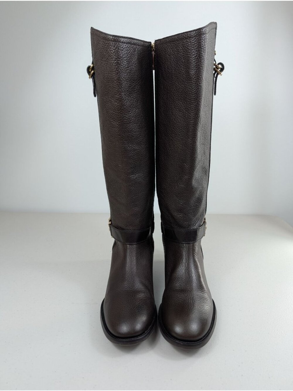 Tory Burch Elina Riding boots brown leather gold tone logo turnblock size 8.5